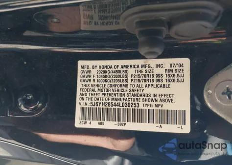2004 Honda Element Ex from USA, damaged, VIN 5J6YH28544L030253